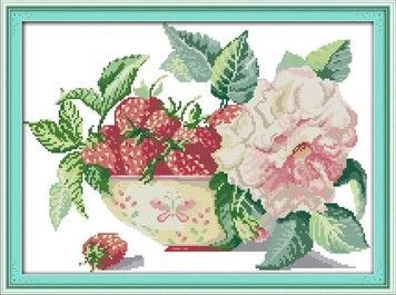 Клубника с розой Набор для вышивания крестом с печатной схемой на ткани Joy Sunday J182 - Купить в интернет-магазине club-rukodelia.com Тел: 067-802-24-81 Купить Киев, Львов, Харьков, Винница, Одесса, Житомир, Чернигов, Сумы