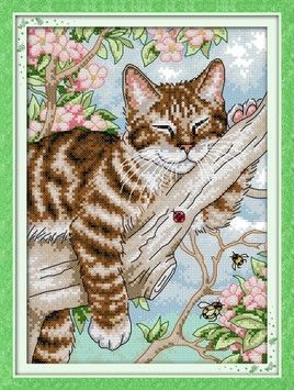 Кот на дереве Набор для вышивания крестом с печатной схемой на ткани Joy Sunday D406 - Купить в интернет-магазине club-rukodelia.com Тел: 067-802-24-81 Купить Киев, Львов, Харьков, Винница, Одесса, Житомир, Чернигов, Сумы